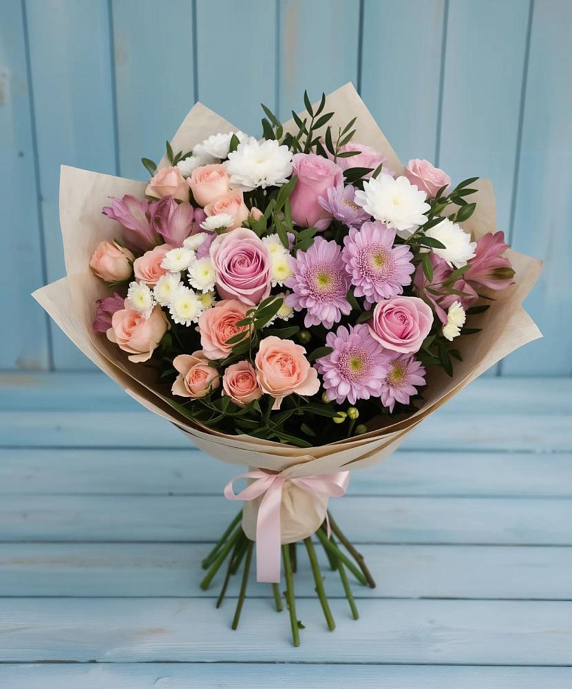 Букет цветов из: Хризантемы, Розы и Альстромерии в Просянке