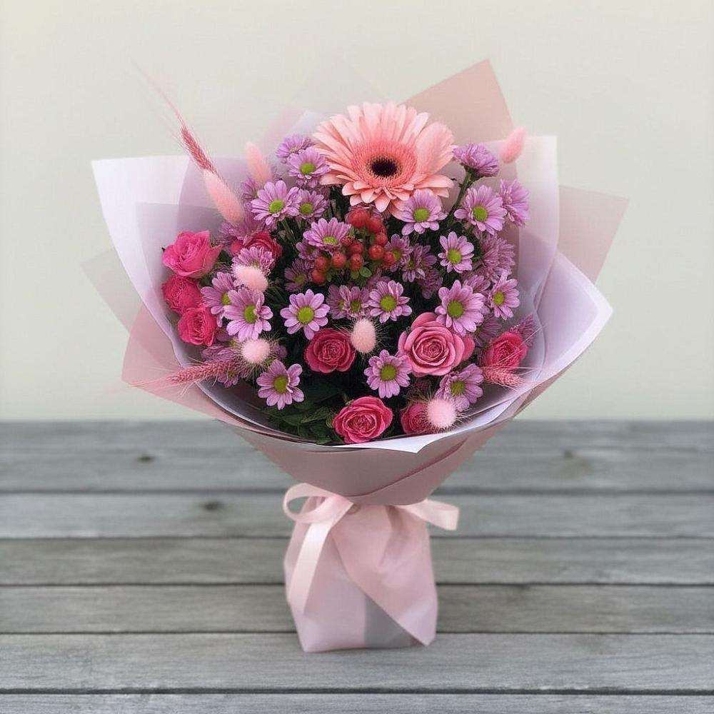 Букет цветов из: Розы, Герберы и Хризантемы в Просянке
