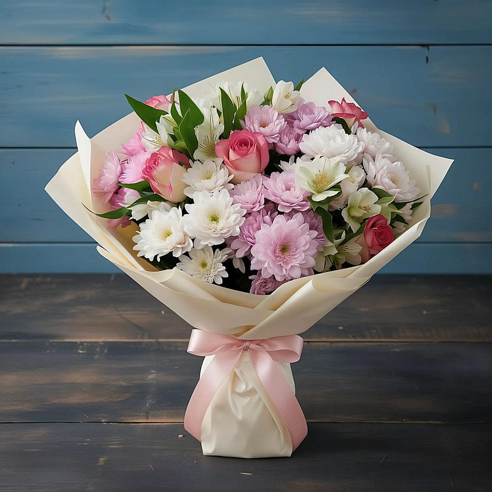 Букет цветов из: Хризантемы, Альстромерии и Розы в Просянке